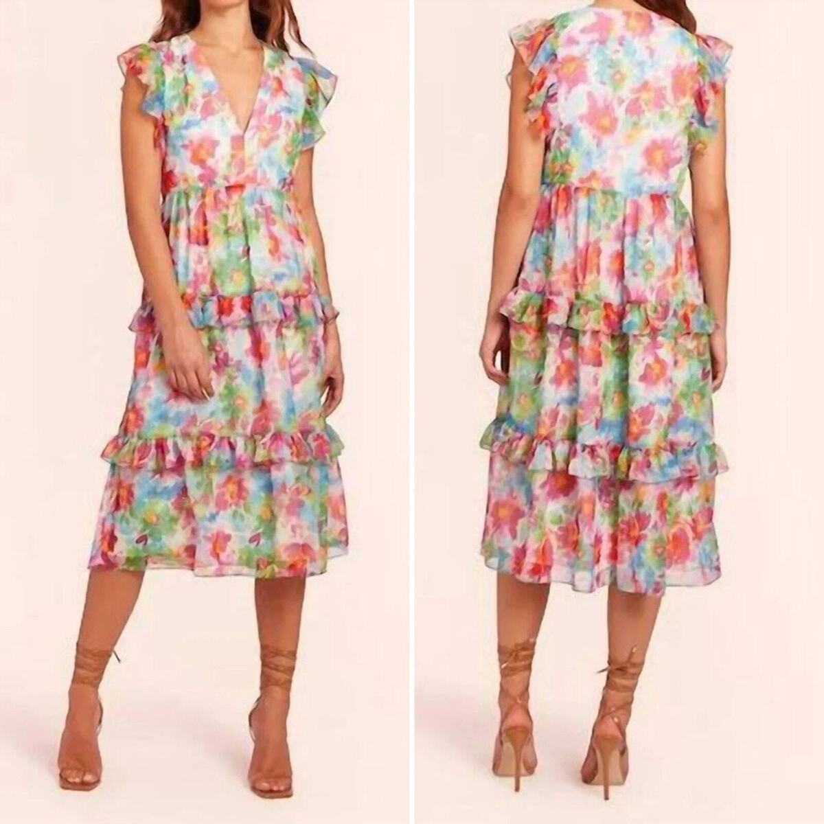Nwt Amanda Uprichard Chamomile Tiered Midi Dress In Kiawah Floral V Neck Small